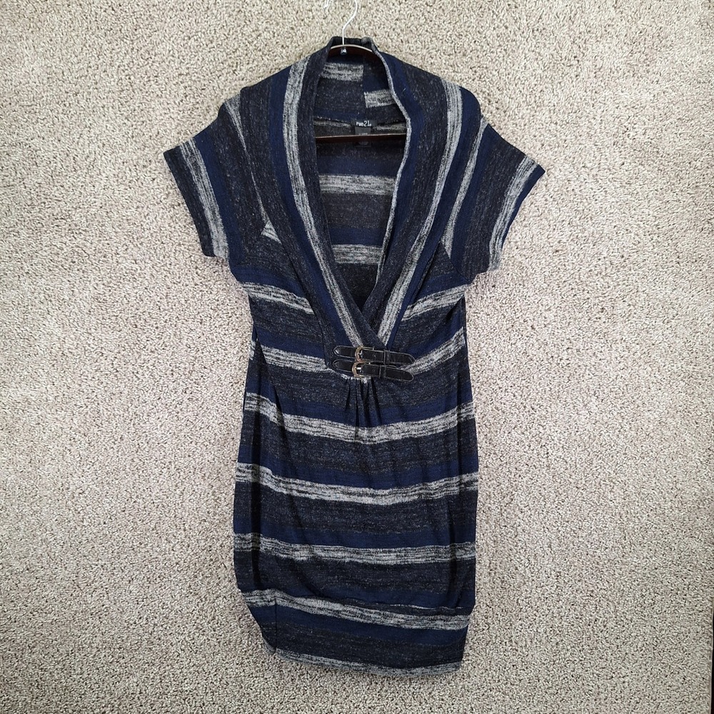 Rue21 Sweater Dress Women's XL Blue Gray Striped Buckle Waist Detail Wrap Boho